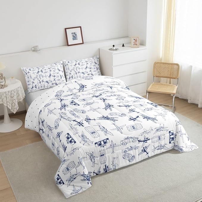 Feelyou Aircraft Bedding Set Kids Airplane Print Comforter Set Boys Girls Decor Aircraft Flying Comforter Cover Set Microfiber Sketch Style Blue White Duvet Set Bedroom Quilt Set Full Size