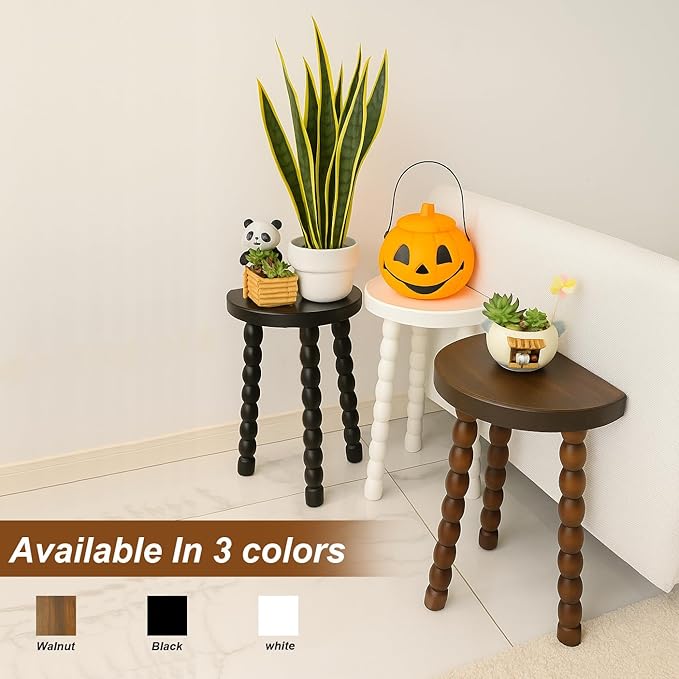 LitaEther Wooden Bobbin Side Table - Plant Stand - Half Round Table - Wooden Accent Stool- Minimalist Decorative Table for Bedroom, Hallway, Living Room (1, White)