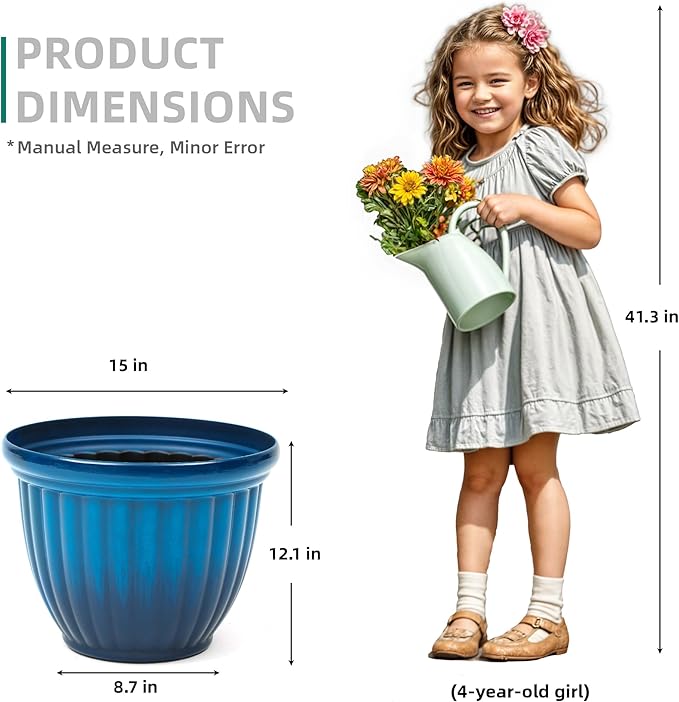 Autodaya 15" Large Flower Pots, Set of 2 Plastic Planters for Outdoor Indoor Plants with 3D Textures, Weather-Resistant for Porch, Garden, Patio or Indoor Use, Gradient Cobalt Blue