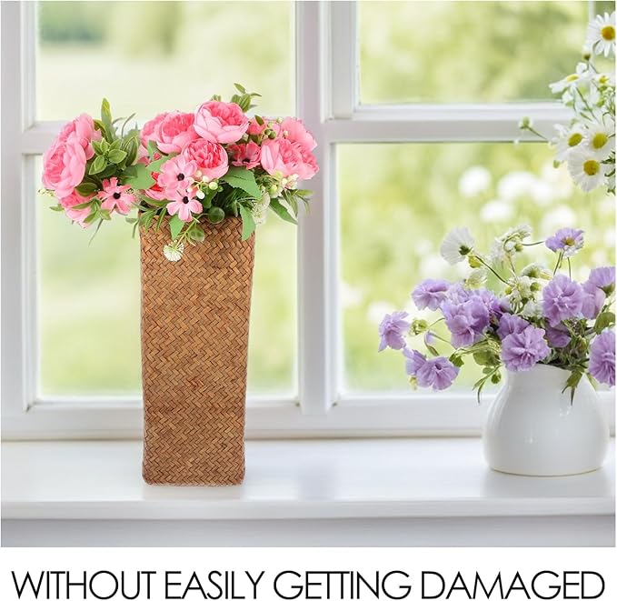 Rustic Large Woven Flower Basket Vase 14x14x38cm Seagrass Dried Flower Holder Boho Home Decor Planter for Indoor Floral Arrangement