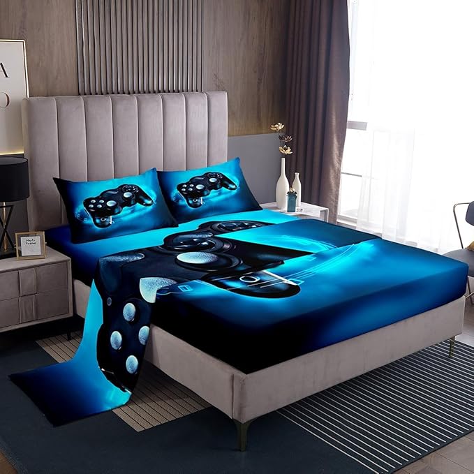 Feelyou Gamer Bedding Set Full Size for Boys Kids Bed Sheet Set Gaming Video Game Sheets Set Lightweight Breathable Men Teens Game Room Decor Sheet, 1 Fitted Sheet + 1 Flat Sheet + 2 Pillow Case