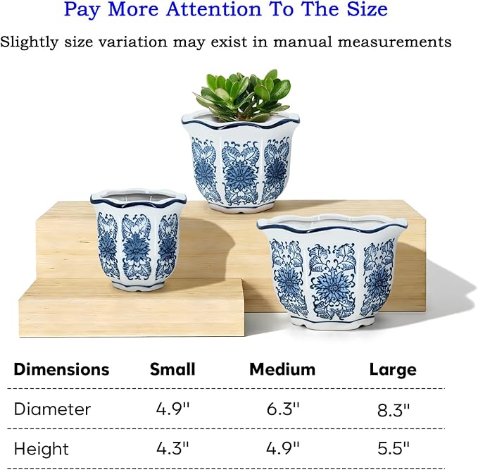 HakkaGirl Ceramic Pots for Plants, Chinoiserie Décor Ceramic Flower Pots Planters for Indoor Plants with Drainage, Blue and White, Set of 3