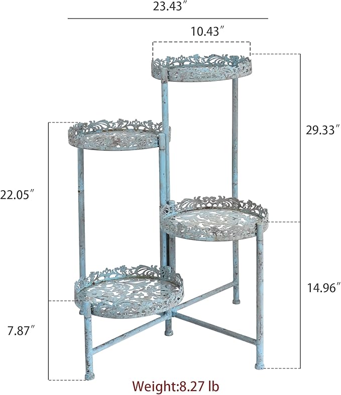 4 Tier Vintage Corner Plant Stand for Indoor Outdoor Distressed Metal Flower Pot Holder Shelves with Ornate Cutout Edges Multi-Level Planter Rack Display Corner Shelf Antique Foldable Tall Plant Shelf for Patio Porch Garden Balcony Living Room (Blue)