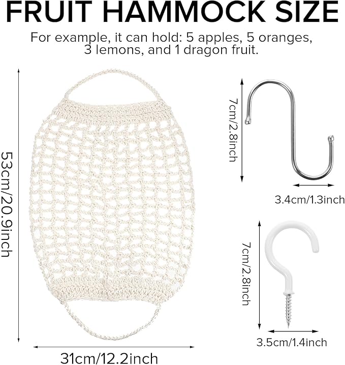 Hanging Fruit Hammock Under Cabinet Macrame Basket for Kitchen with Hooks Hand-Woven Boho Fruit Holder Net Organization Banana Basket for Home Dining Room Cabinet Decor Boat Camper Rv