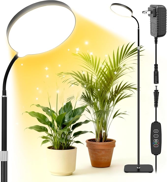 20W Full Spectrum Grow Light for Indoor Plants, 63in Adjustable Floor Lamp with Gooseneck, 4000K Natural Sunlike Light, 3/9/12H Auto On/Off Timer, 10-Level Dimmable for Tall Small Plants