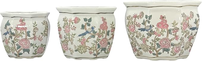 Galt International Multi Color Peony Round Fluted Floral Porcelain Ceramic Plant Flower Planter Pot Set of 3 (7.5", 10", 13") Garden Pots Chinese Asian Design Pink Blue Green