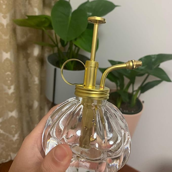 Vintage Style Glass Pumpkin Bottle Sprayer Watering Can Plant Mister with Brass Sprayer Head (Transparent)