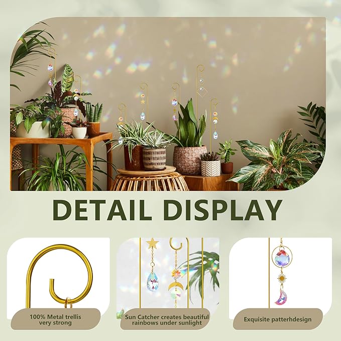 4 Pcs Small Trellis for Potted Plants Indoor with Crystal Sun Catcher Pendant, Metal Plant Stake for Mini Potted Plant Decoration for Home Window Garden
