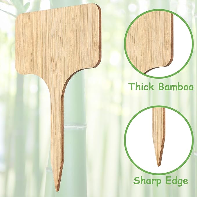 75Pcs Bamboo Plant Labels with 1 Marker Pen, T-Type Natural Seedling Nursery Sign Tags, Wood Garden Markers Decorative Patio Tags for Outdoor Indoor Potted Plants Herbs Flowers Vegetables