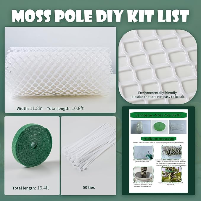Plastic Moss Poles mesh kit,Plant Poles for Climbing Plants,Plastic Moss Pole Sheets with Different Height,Plant Stakes for Indoor,11.8in×10.8ft Plastic mesh Stackable Works with Sphagnum Moss