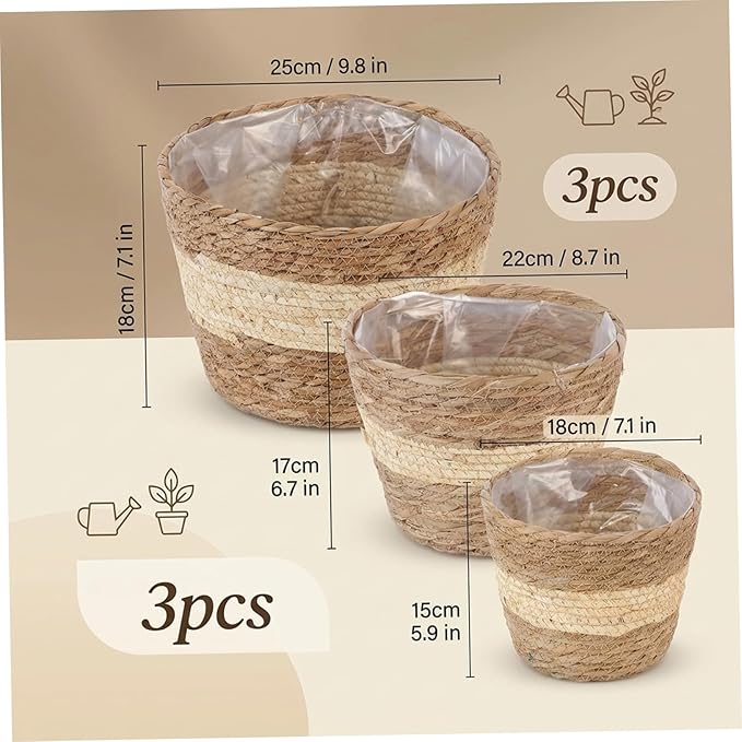 3PCS Woven Planter Rustic Seagrass Baskets with Liners for Indoor Plants Natural Rattan Plant Basket (3 Size) Set 2