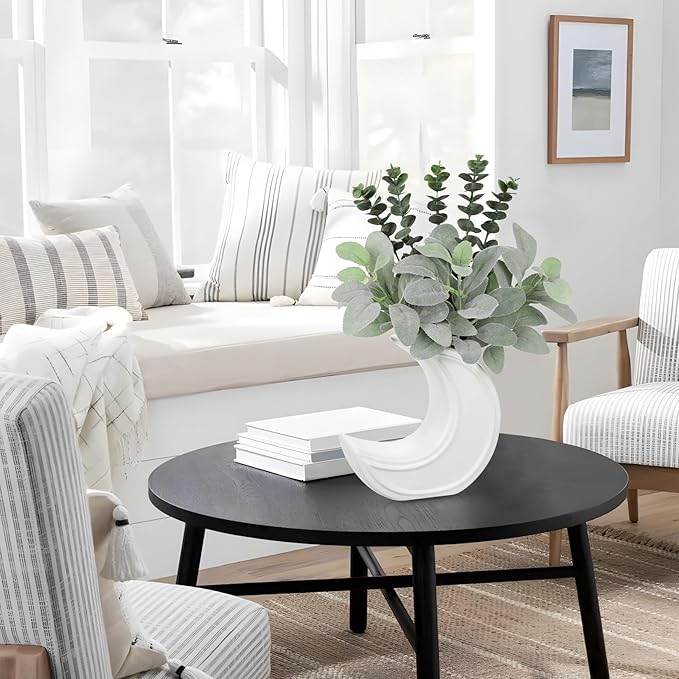Fake Eucalyptus Plant in Crescent Moon Vase, 17" Faux Greenery Potted Plant, Rustic Moon-Shaped Ceramic Planter with Artificial Eucalyptus Leaves for Table Centerpiece Shelf Office Farmhouse Decor