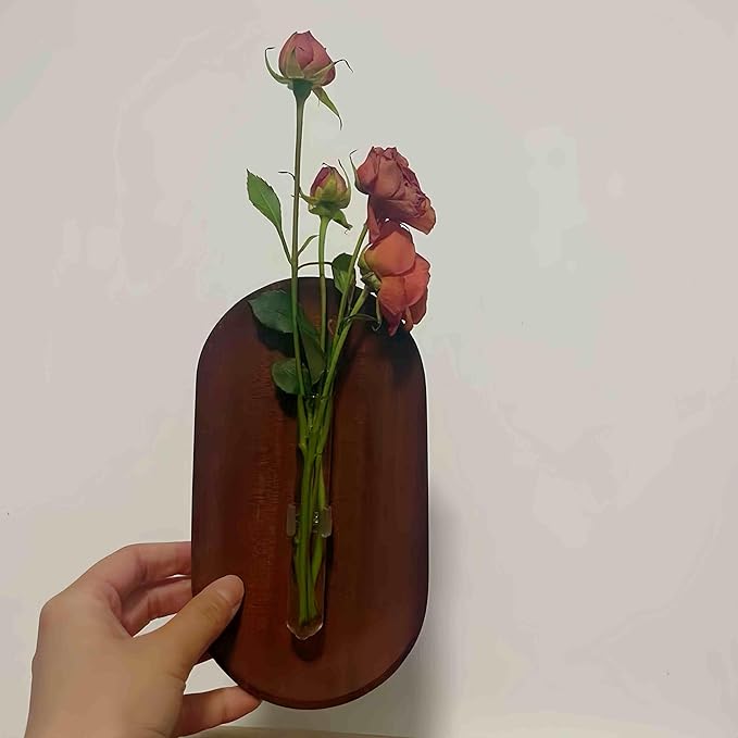 Modern Glass Test Tube Vase with Wooden Base – Wall-Mounted Floral Decor for Home and Office, Minimalist Plant Display (No Plants)