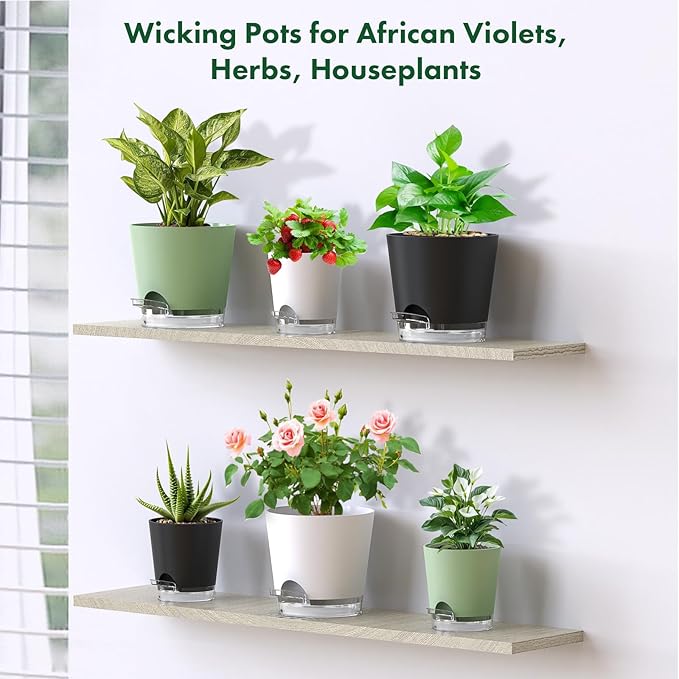 Meowell 5 inch Self Watering Flower Pots for Indoor Plants, 5 Pack Small Plant Pots with Drainage Holes & Clear Reservoir for Visible Water Level, Plastic Wicking Planter Pots for House Plants, Black