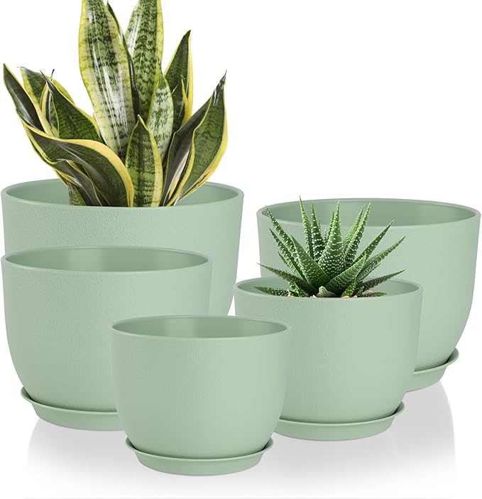 YNNICO Plant Pots 10/9/8/7.5/7 inch Flower Pots with Multi Mesh Drainage Holes, Planters for Indoor Outdoor Garden Plants and Flowers. (Green)