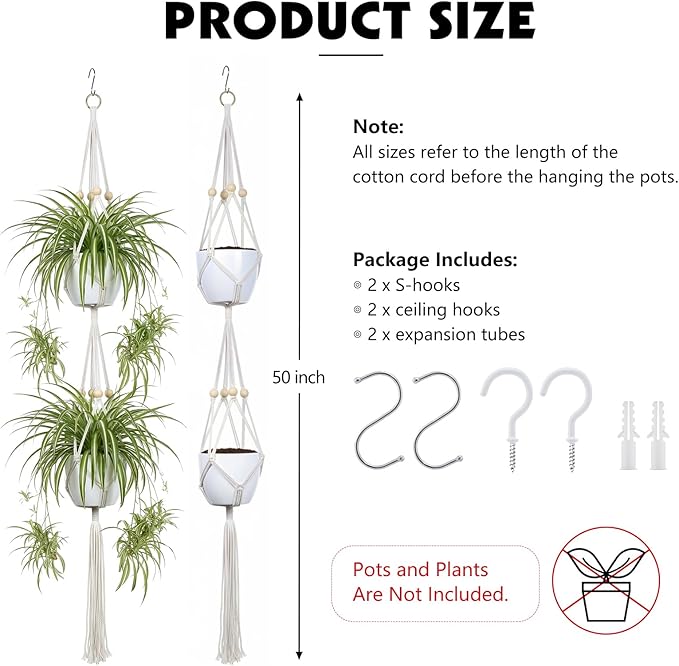 Dntorx Macrame Plant Hanger, 2 Pack 50 Inch Hanging Plant Holder Indoor Outdoor Hanging Planter Basket with Hooks for Living Rooms, Balcony, Hallway, Kitchen, or Office