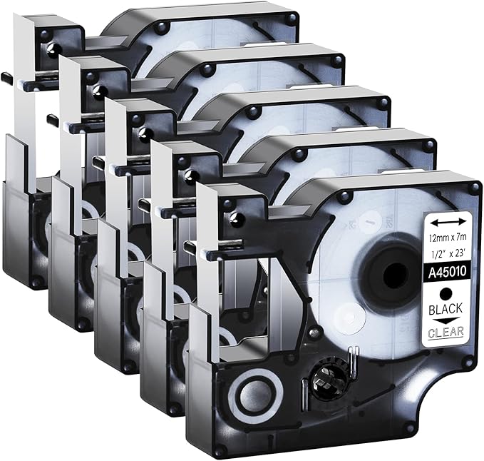 GREENCYCLE 5 Pack Compatible for DYMO D1 Label Maker Refill 45010 S0720500 Black on Clear, 1/2 Inch x 23 Ft for DYMO LabelManager 160 420P 210D 280 360D PnP Label Maker