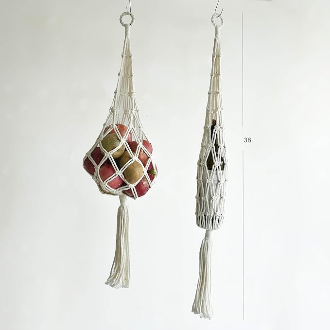 2 Packs Macrame Hanging Bag, bohemian handmade hanging storage bag for kitchen decoration. Chic breathable basket for Onion potato tomato fruit vagetale, Net Storage Kitchen Organizer (Beige)