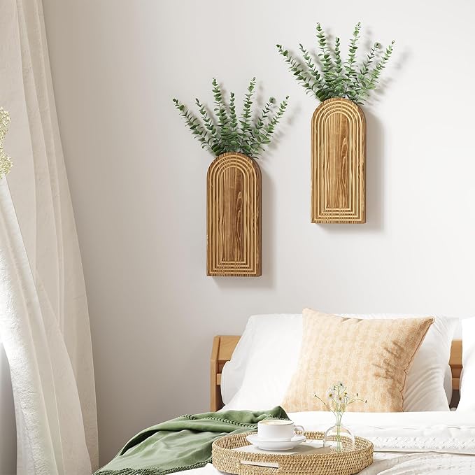 2 Pack Wooden Wall Vase with 14 Fake Eucalyptus for Modern Farmhouse Decor, Boho Art Wall Decor, Wall Planters for Indoor Plants for Bathroom, Kitchen, Bedroom, Dining/Living Room, Wall Plant Holder