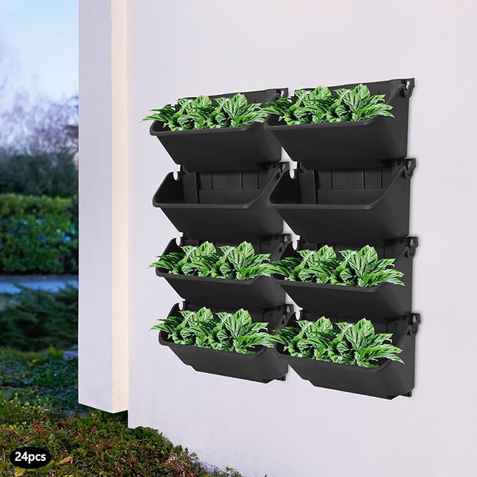 Bacocoo Vertical Garden Planter - 24 Pack, 13 inch Wall Mounted Planter for Patio Outdoor Decor, Home Green Plastic Pot Balcony Plant Vegetable Fruit Herb Hanging Pocket Holder Flowerpot. (Black)