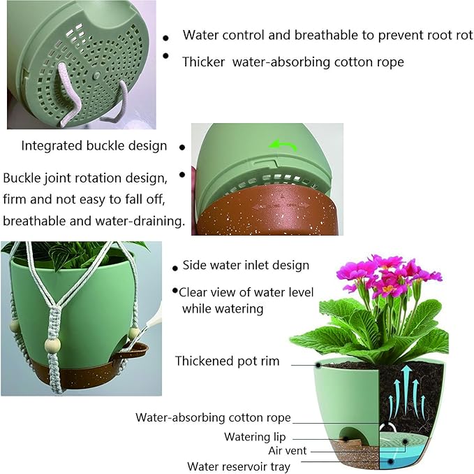 Hanging Planters with Macrame Plant Hangers for Indoor Outdoor Plants, 3 Set Hanging Baskets Flower Pots Holders 35''/27''/21'', Self-Watering Pots 7''/6''/5.5'', Boho Home Decor, Green