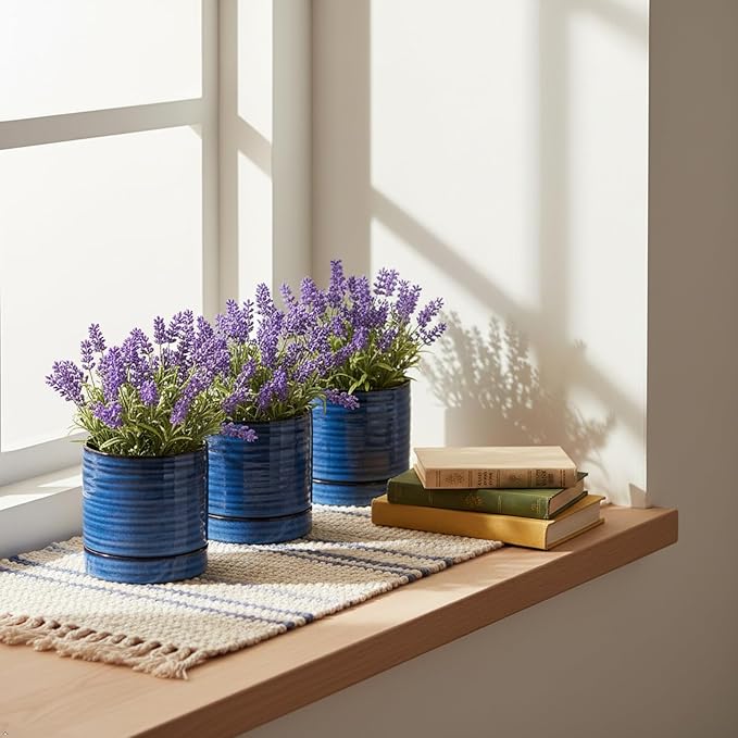 HASENSE Ceramic Indoor Plant Pots, 4.6 Inch Small Flower Planters with Drainage Hole and Saucer, Vintage Reactive Glaze Blue Pots for Succulents, Cactus, Herbs, Home Decor, Set of 4