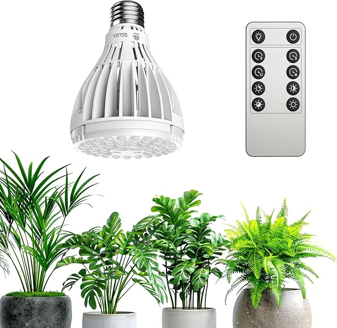 Dimmable Grow Light Bulb, Full Spectrum with Remote Control, Auto On Off Timing 4 8 12 Hrs, 32W PAR20 (350 Watt Equiv) Grow Lamp with Optical Lens for High PPFD, Energy Saving for Indoor Plants