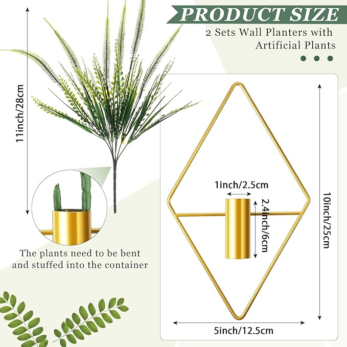 Canlierr 2 Pieces Gold Wall Decor Hanging Planters with Artificial Plants Metal Vase Indoor Plants Holder Modern Geometric Wall Art for Home Bathroom Bedroom Living Room Office(Boston Fern,Large)