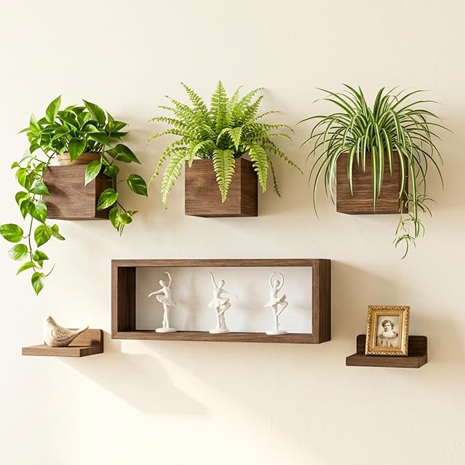 LaLaGreen Wood Planter Box for Indoor Plants (6 Pack) Wooden Wall Hanging Planters for Dried Flowers, Modern Farmhouse Wall Mount Greenery Decor Living Room, Bedroom, Kitchen, Office Home Garden