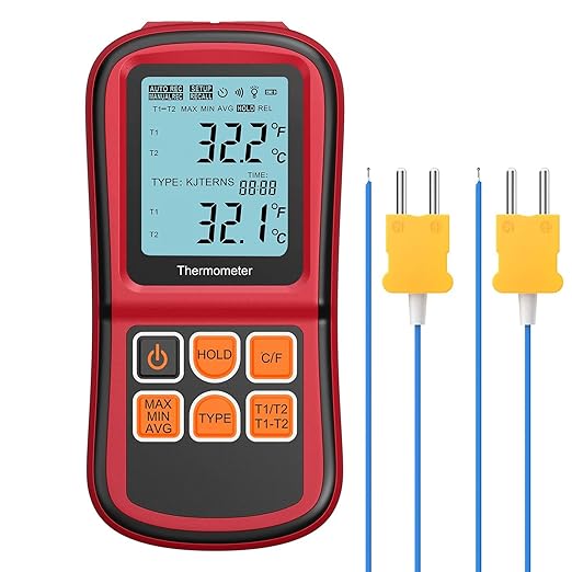 Kamtop Digital Thermometer, Dual Channel Thermometer with Two K Type Thermocouple Probes, High Temperature Meter Dual Measurement Meter Sensor Backlight LCD for K/J/T/E/R/S/N Type