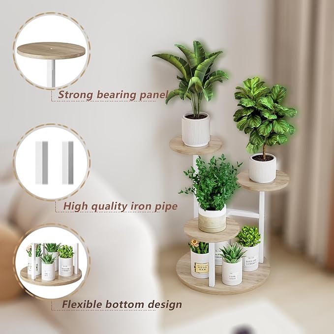 INGIORDAR Plant Stand Indoor Outdoor Corner Plant Shelf for Multiple Flower Pots Flower Stand Holder for Patio Garden Balcony Living Room (White+Sonoma Oak, 4 Tier)