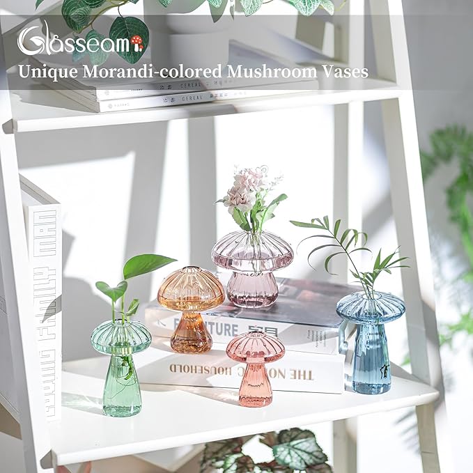 Glasseam Mushroom Propagation Stations for Plants: Colored Hand-Blown Cute Glass Planters for Indoor Plants - 5Pcs Small Hydroponic Terrarium Jars for Home Decor - Gifts for Women Mom Friends