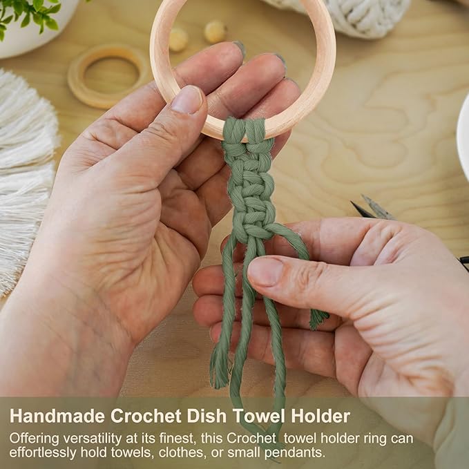 Tioncy 4 Pcs Kitchen Dish Towel Holder Gifts for Mother Boho Handmade Crochet Hanging Towels Loop Ring Knit Towel Hanger for Cabinet House Oven Stove Door, 4 Colors(Sage Green)