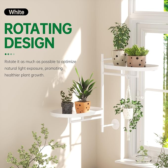Rotating Window Shelves for Multiple Plants Indoor,2-tier Metal Corner White Plant Stand Holder Floating Hanger Shelf for Wall，Windows Sill Gifts for Planter Lover to Enhance Home Decor