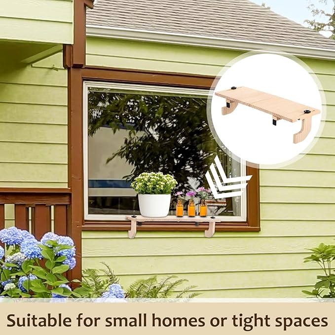 1 Pcs Natural Window Sill Plant Shelf for Plants 21.7 x 7.1 x 5.9 Inch Windowsill Extender Window Plant Floating Shelves No Drilling Wooden Bracket for Cat Perch Planters (Right Angle)