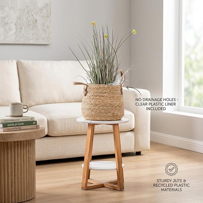 Seagrass Flower Pot, Woven Planter Basket for Indoor Plants, Decorative Plant Pot with Plastic Liner, Decorative Basket Planter for Home Decor (23 cm)