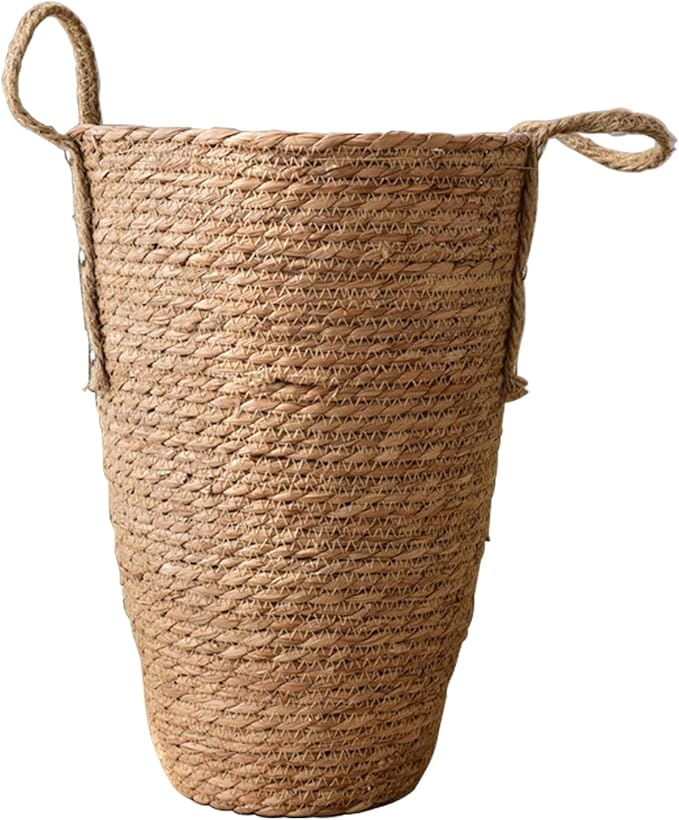 Wnvivi Grass Woven Flower Basket,Rustic Rattan Flower Pot with Plastic Liner,Seagrass Garden Planter Basket,Handwoven Storage Container (L)