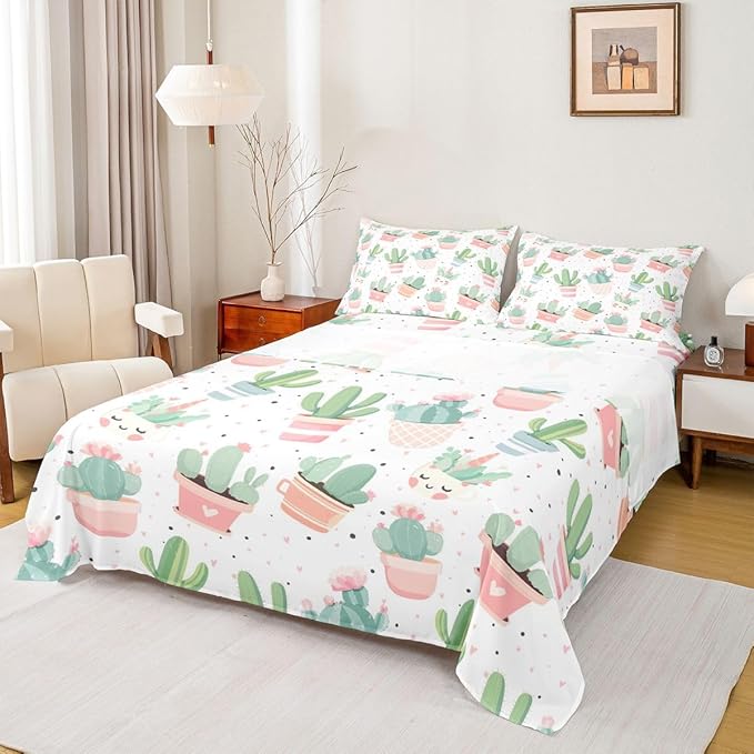 Feelyou Cute Cactus Bed Sheet Set for Girls Kids Bedroom King Size Boho Succulent Sheets Set Tropical Botanical Pattern Bedding Set Watercolor Pastel Pink Green Decor