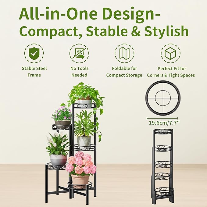 Plant Stand Indoor Garden Livingroon Corner Metal 5 Tier Multiple Flower Pot Holder Shelf Outdoor Furniture Black Circle