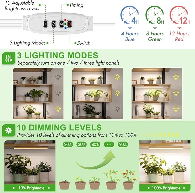 FOXGARDEN Grow Light for Indoor Plants Full Spectrum, Bamboo Plant Light Strip for Indoor Growing, 288 LED Grow Lamp with Timer 4/8/12H, 3 Switch Modes, 10 Dimmable Levels, 3 Strips with 1 Controller