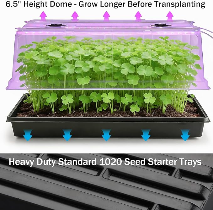 1020 Nursery Tray with Grow Lights - 4-Pack 6.3" Extra High Humidity Dome & Heavy Duty Propagation Tray, 8-Pack Integrated 96 Full Spectrum LED with Timer/5 Dimmable Levels, Reusable Greenhouse Kit