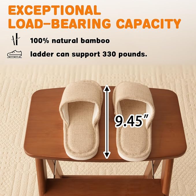 Baveke 3 Step Ladder Folding Step Stool, Wooden Step Stool Foldable, Folding Step Stools for Adults, Bamboo Kitchen Ladder, Three Stepladder for Library (Brown, FSC-Certified Bamboo)
