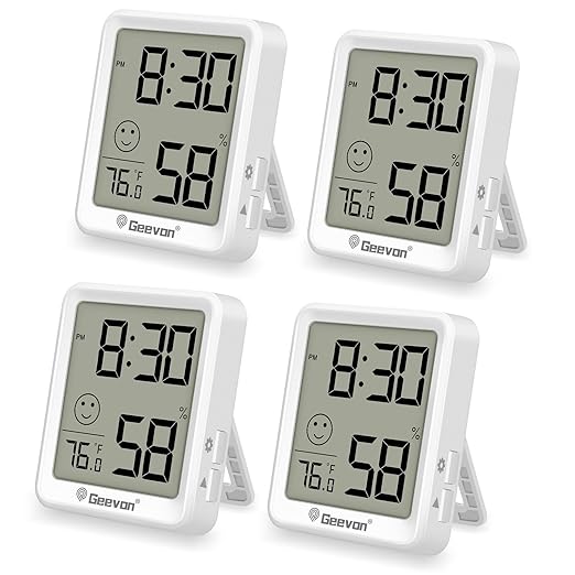 Geevon 4Pack Mini Indoor Thermometer Hygrometer with Comfort Indicator, Room Temperature & Humidity Monitor with Time Display, °C/°F & 12/24H