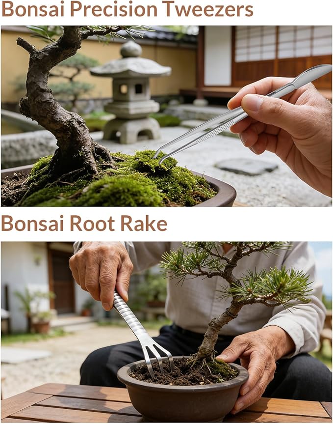 6-Piece Bonsai Tool Set – Concave Cutter, Knob Cutter, Pruning Shears, Trunk Splitter, Root Rake & Precision Tweezers – Professional Stainless Steel Bonsai Tools for Pruning & Repotting