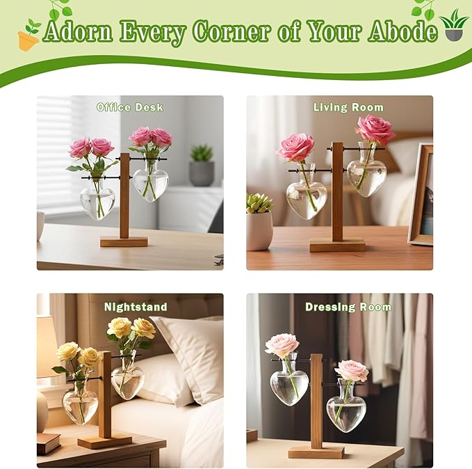 XXXFLOWER Plant Terrarium Wooden Stand, Hydroponic Planter Bulb Glass Metal Swivel Holder Retro Air Plants Water Plants for Home Office Decoration,Gifts for Plant Lover Wife Mom- 2 Love Bulb Vase