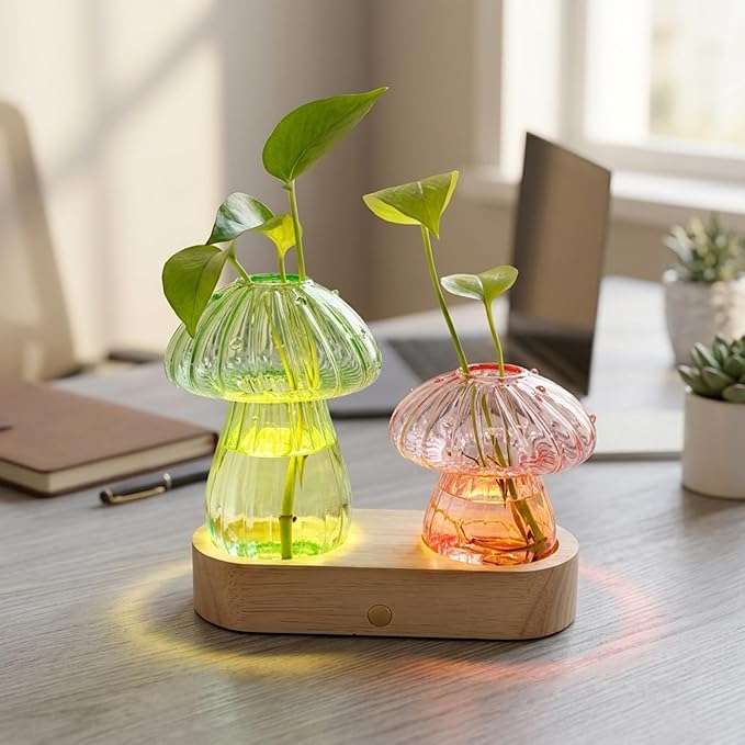 Plant Propagation Station with Light,Mushroom Glass Vases with Stepless Dimming Function for Home Office Decor,Hydroponic Glass Jars Gardening Gifts for Mom Women Plant Lovers