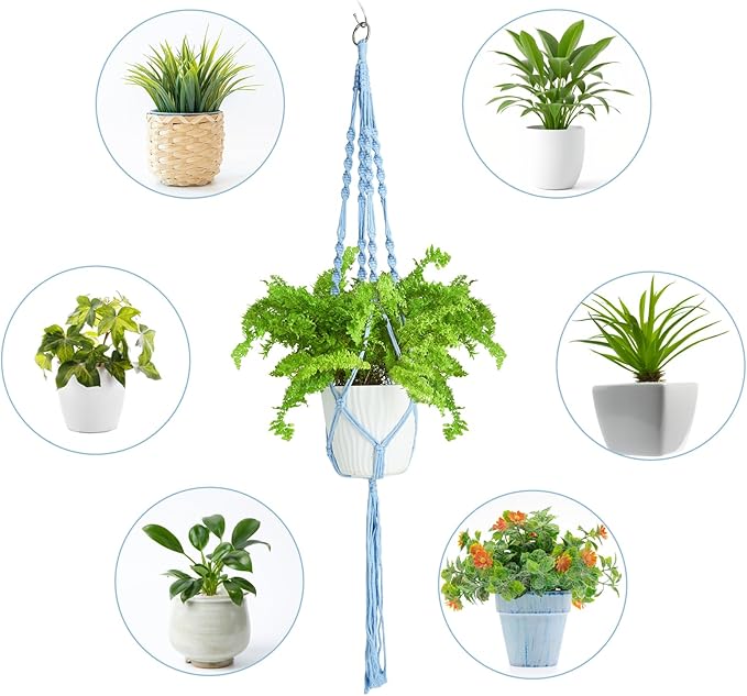 XXXFLOWER 3 Pack Macrame Plant Hanger Indoor Set with Hooks Handmade Woven Cotton Rope Flower Pot Crochet Plant Holder Stand Boho Plant Decor Hanging Planter Baskets Set of 3 with Beads Blue