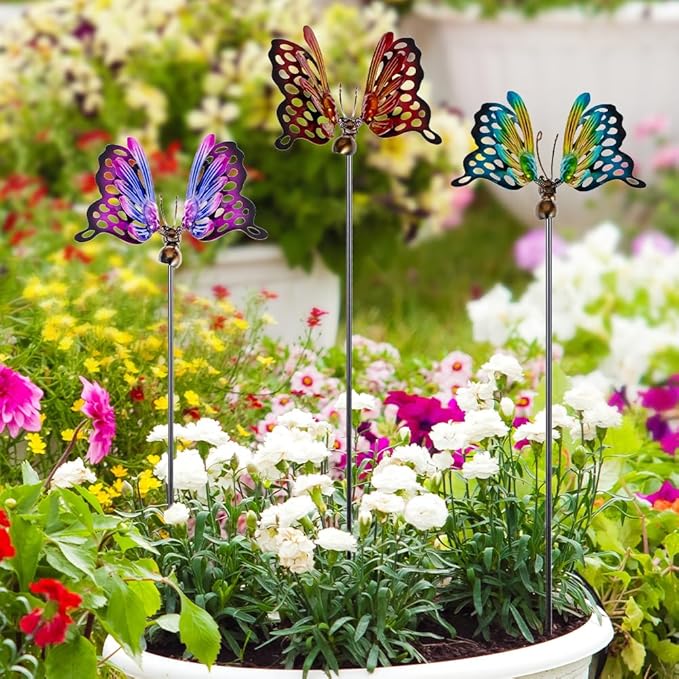 3 Pack Butterfly Decorative Garden Stakes,Metal Openwork Colorful Butterflies Yard Art Garden Stakes for Outdoor Lawn Pathway Patio Plant Pot Flower Bed Ornaments