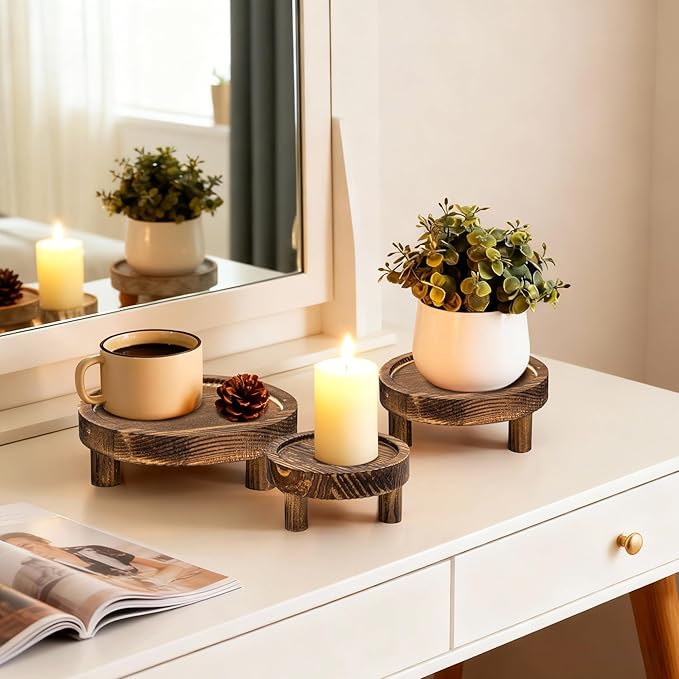 3 Pcs Wooden Display Risers Round Wood Pedestal Stand Mini Plant Tray Stand, 10-6 Inch Rustic-style decorative shelf for Displaying Plants and Candles (Brown)