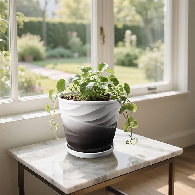 Ceramic Plant Pots,6.7 + 5.5 Inch,Ceramic Flower Pots,Planters with Drainage Hole and Saucer,Planters for Indoor Plants(Dark Gray+White)
